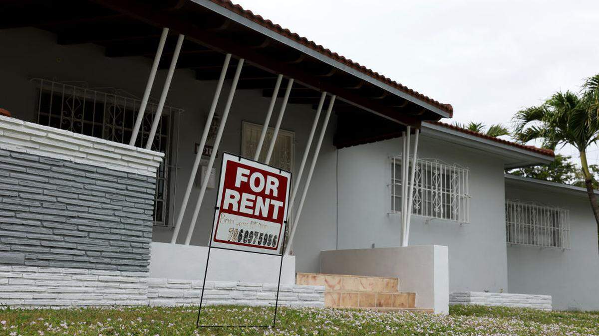 A "for rent" sign is posted in front of a home in 2023 in Miami.