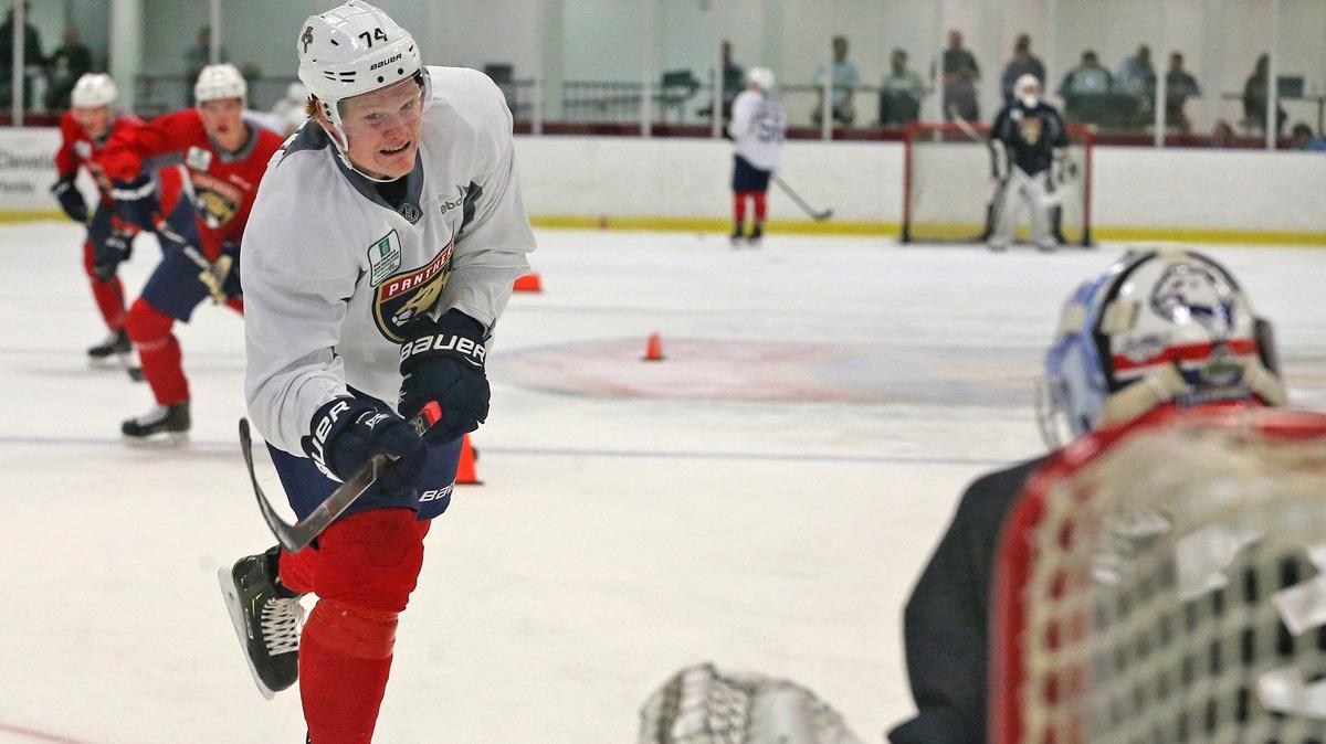 Florida Panthers prospect Owen Tippet (74)  at the Florida Panthers' development camp in Coral Springs on Wednesday.
