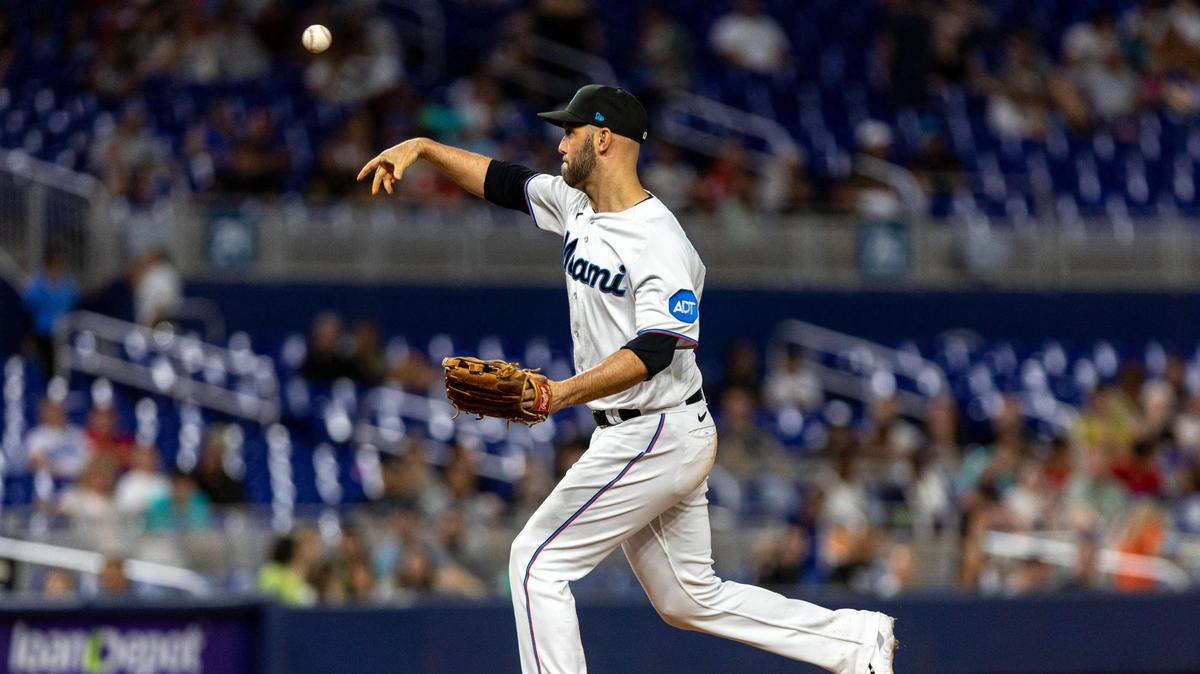 Miami Marlins catcher Jacob Stallings (58) throws the ball during the ninth inning of a MLB game against the Atlanta Braves at loanDepot Park, in Miami, Florida, on Wednesday, May 3, 2023.