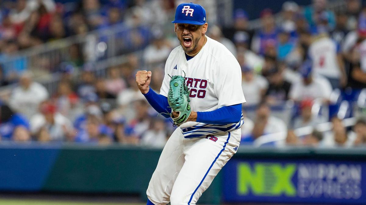 Puerto Rico pitcher José De Leon (87) reacts after pitching against Israel during the third inning of a Pool D game at the World Baseball Classic at loanDepot Park on Monday, March 13, 2023, in Miami, Fla.
