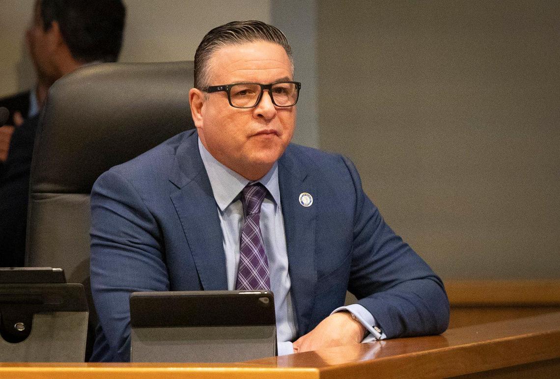 City Manager Arthur Noriega sits at this seat before a city commission meeting on Thursday, May 25, 2023, at Miami City Hall in Coconut Grove.