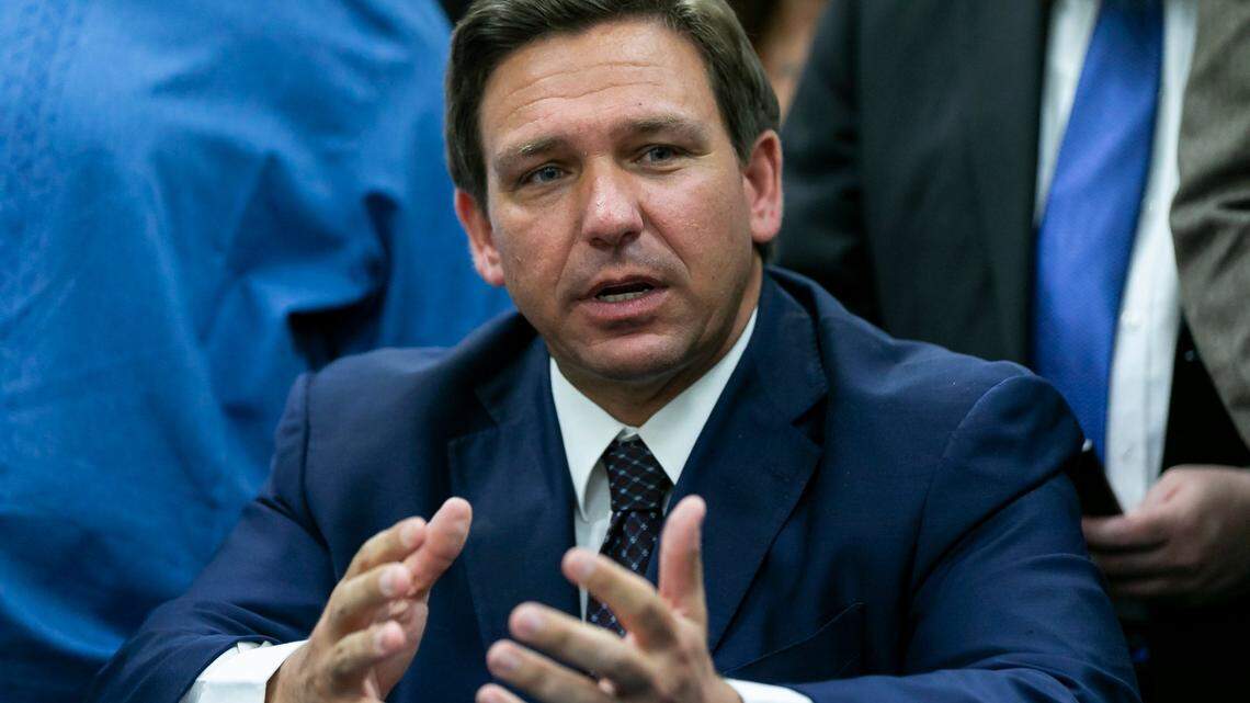 Governor Ron DeSantis speaks during a press conference at St. John the Apostle School in Hialeah, Florida on Tuesday, May 11, 2021. The bill expands and revamps Florida’s school scholarship and voucher programs.
