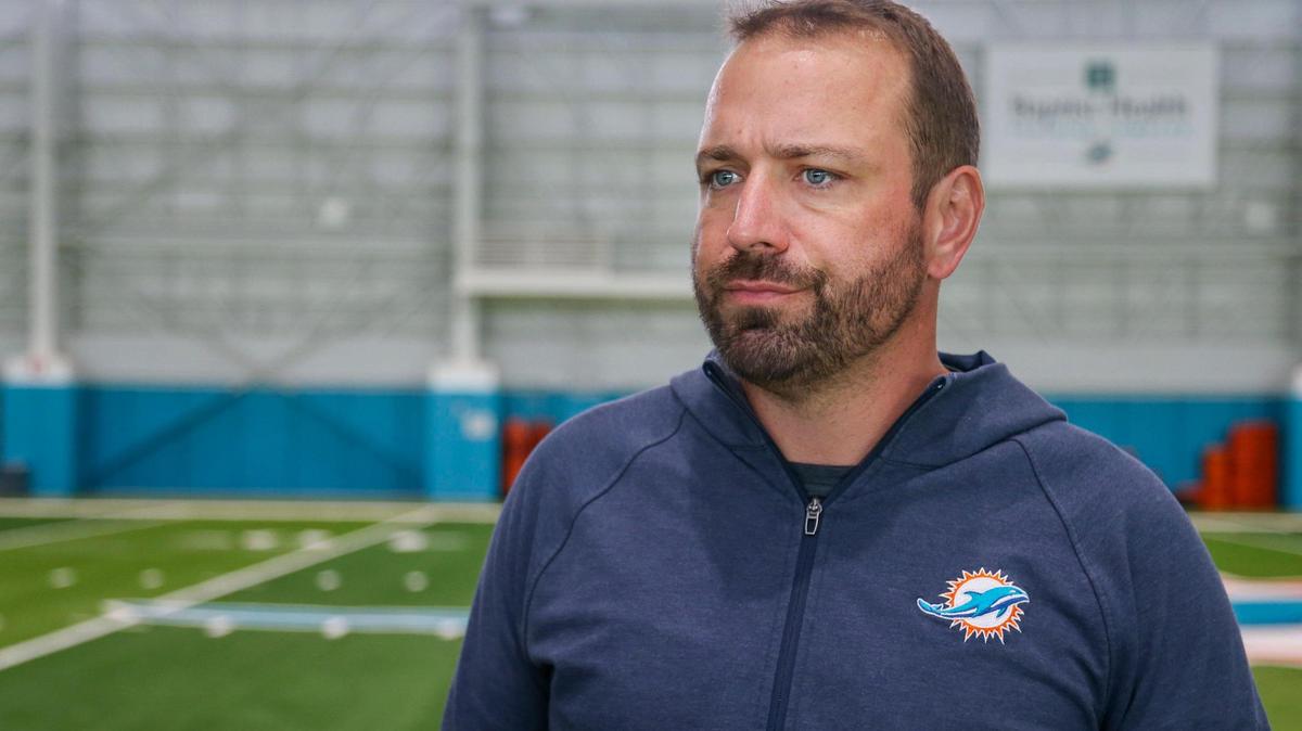 Miami Dolphins offensive coordinator Frank Smith talks to reporters during media availability day at Baptist Health Training Complex in Miami Gardens, Florida on Wednesday, May 11, 2022.