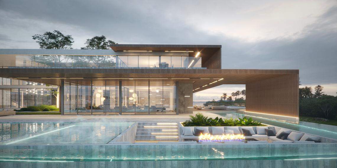 A rendering from architects Studio KHORA shows the infinity pool at the G House, a new $50 million project on Biscayne Bay. The main floor is elevated 17 feet, one of many measures to protect the home from hurricane and tidal flooding.