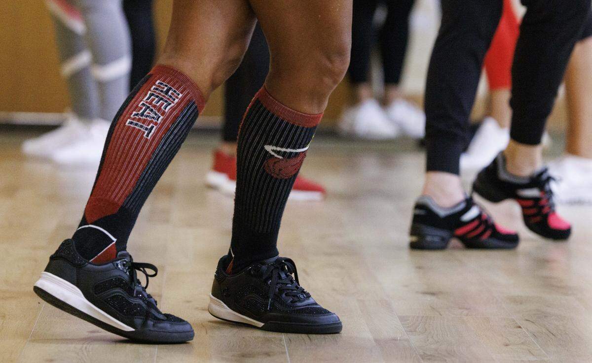 Catherine Williams dances in Miami Heat socks during the HEAT Golden Oldies auditions for the Miami Heat senior dance team on Thursday, Sept. 25, 2025, at Southwest Focal Point Community Center in Pembroke Pines, Fla.