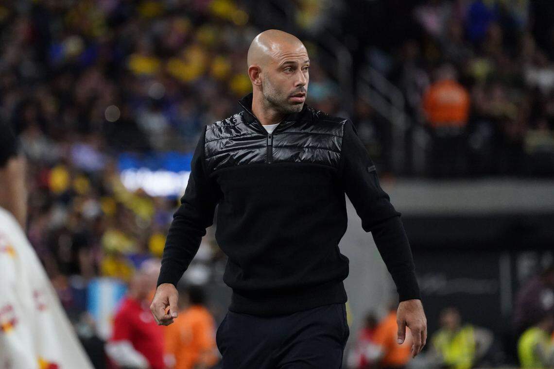 Jan 18, 2025; Las Vegas, Nevada, USA; Inter Miami CF head coach Javier Mascherano watches the action in the second half against Club America at Allegiant Stadium. Mandatory Credit: David Gonzales-Imagn Images