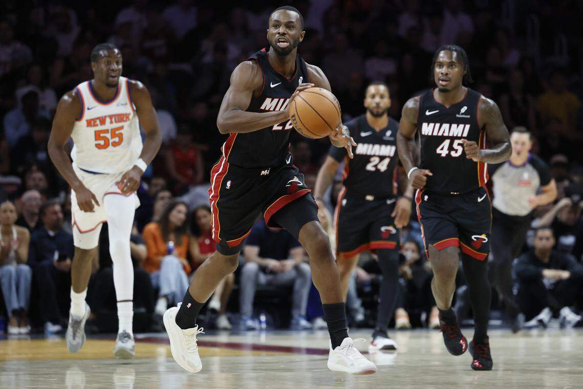 Miami Heat forward Andrew Wiggins (22) looks to pass during the first half of the NBA basketball game against the New York Knicks at the Kaseya Center in Miami, Florida, on Sunday, October 26, 2025.