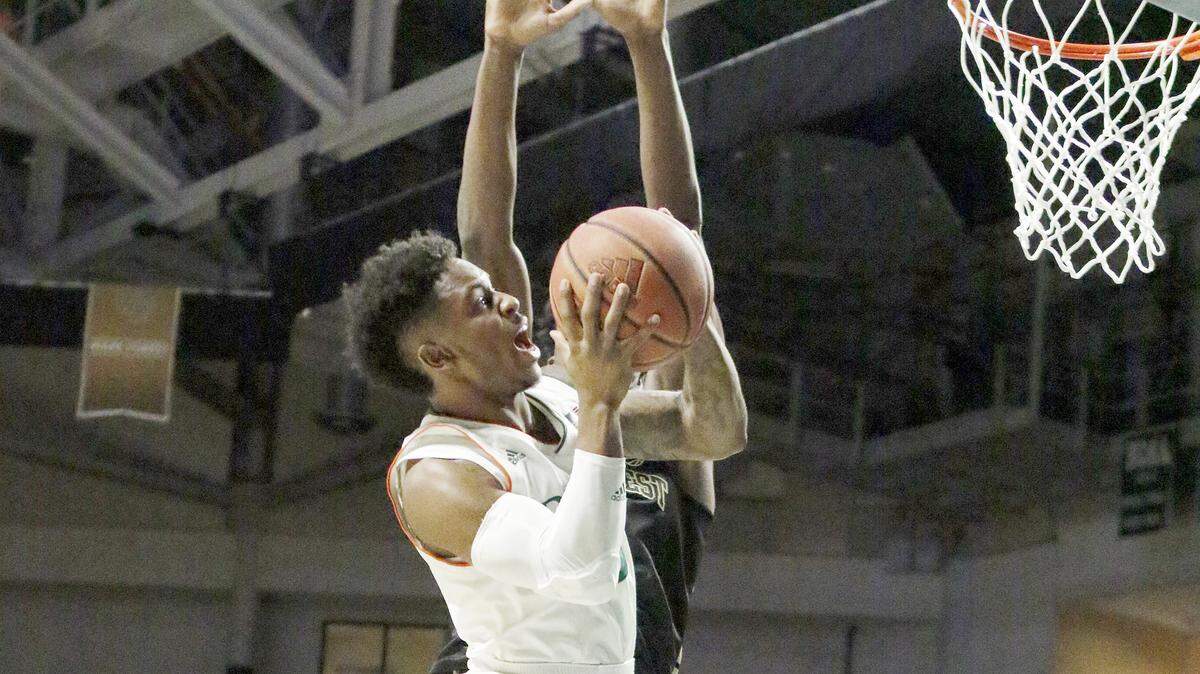 UM’s Chris Lykes (0) goes for a shot against Wake Forest during the basketball game on Saturday, Jan. 12, 2019 at Watsco Center in Coral Gables.