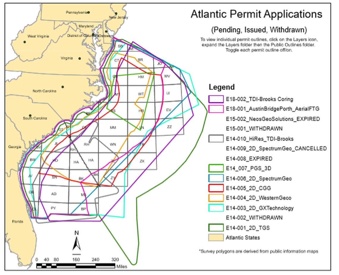 Five companies, including Spectrum GEo, TGS-NOPEC, WesterGeco, Ion GeoVentures and CGG, have been approved to conduct seismic blasting to survey for oil off the Atlantic coast. Source: NOAA