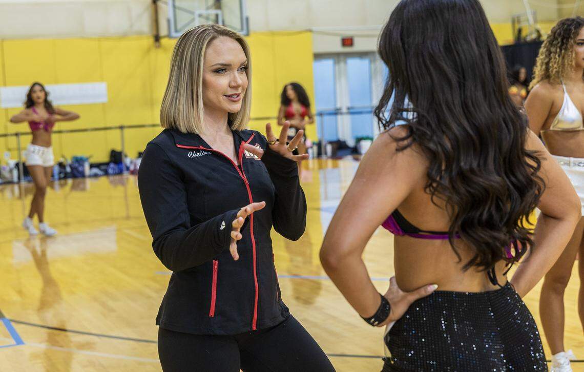 Chelsea Varsaci gives some advice to dancer Natasha Madrigal right, during the Heat’s pre-audition workshop at the Kaseya Center in Miami on Thursday July 24, 2025.