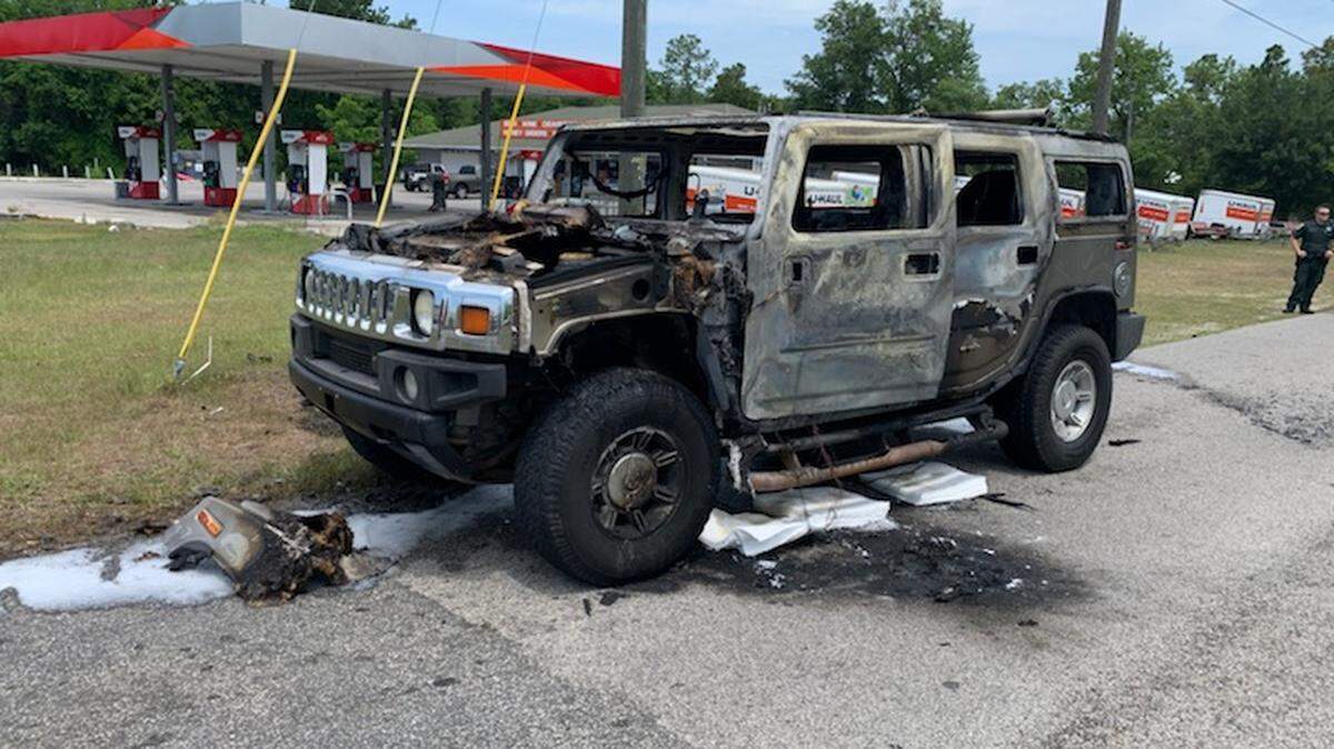 Citrus County Fire Rescue responded to a vehicle on fire in Homosassa, May 12, 2021. The department says there were four gas cans in the back of the Hummer.