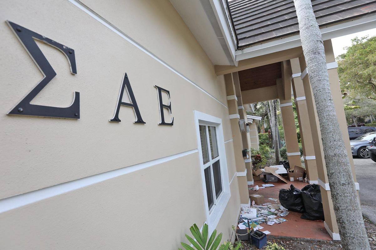 Boxes and garbage bags outside the Sigma Alpha Epsilon fraternity, 1520 Liguria Ave., near the University of Miami on Friday, March 1, 2024, in Coral Gables, Florida.