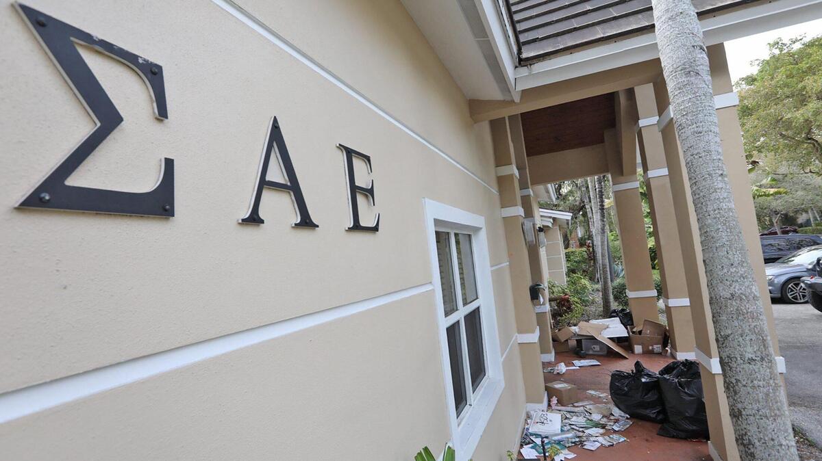 Boxes and garbage bags outside the Sigma Alpha Epsilon fraternity, 1520 Liguria Ave., near the University of Miami on Friday, March 1, 2024, in Coral Gables, Florida.