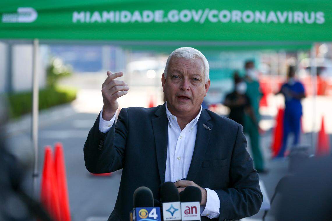 Port Director and CEO at PortMiami, Juan Kuryla, speaks during a press conference at a county pop-up vaccination site at PortMiami Terminal A on Wednesday, April 28, 2021.