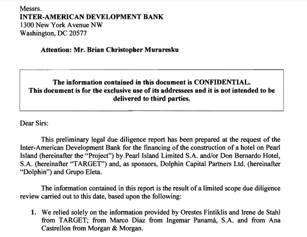 Esta captura de pantalla de un documento de los Pandora Papers muestra a Orestes Fintiklis y a sus socios panameños del Grupo Eleta buscando apoyo en noviembre de 2011 del Banco Interamericano de Desarrollo para la urbanización de un complejo turístico de lujo en las islas Pedro González, frente a la costa panameña.