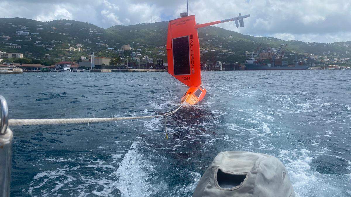 Un Saildrone Explorer desplegado en St. Thomas en 2023, cortesía de Saildrone Inc. y la NOAA.