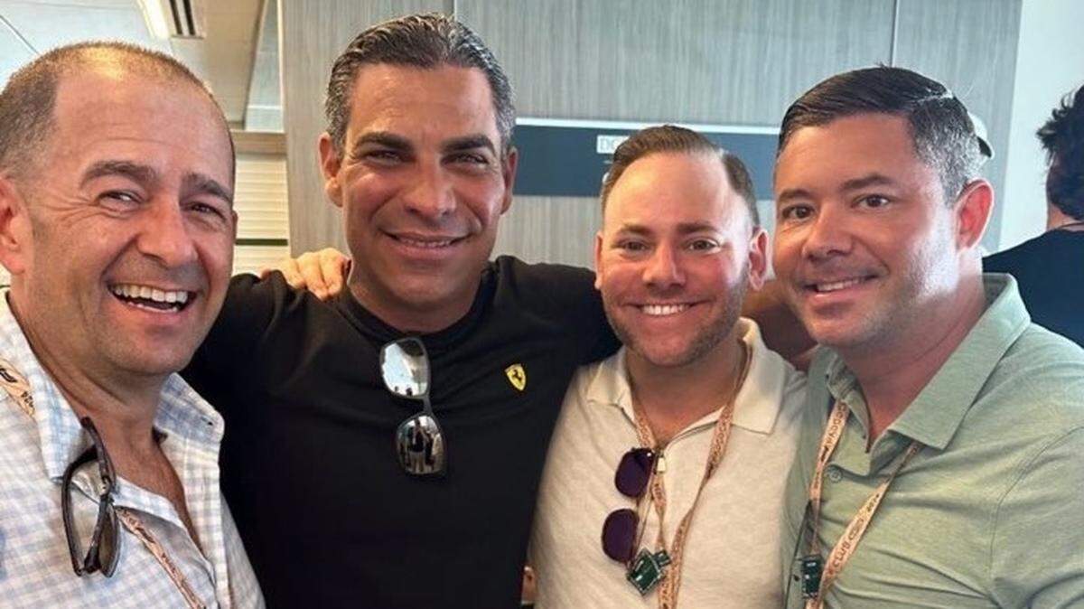 DaGrosa Capital Partners senior partner Antonio Primo, (right) posted a photo to his Instagram story from Formula 1 Miami Grand Prix, with Miami Mayor Francis Suarez (center left), the mayor’s campaign fundraiser, Brian Goldmeier (center right), and Ricardo Lanfranchi, an executive for C&M Software.