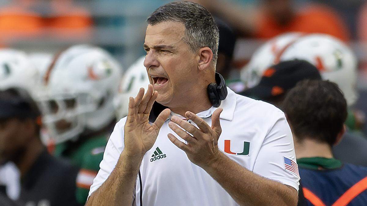 Miami Hurricanes head coach Mario Cristobal looks from the sidelines during the first half of an ACC football game against the Duke Blue Devils at Hard Rock Stadium on Saturday, Nov. 2, 2024, in Miami Gardens, Fla.