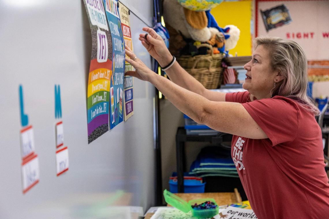 Pembroke Pines, Florida, August 8, 2022- Dr. Denise Soufrine decorates her kindergarten classroom as she prepares for Tuesday’s first day of classes at Pembroke Pines Elementary.