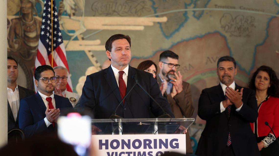 Gov. Ron DeSantis speaks during the Honoring the Victims of Communism press conference at the Freedom Tower in Miami on Monday, May 9, 2022.