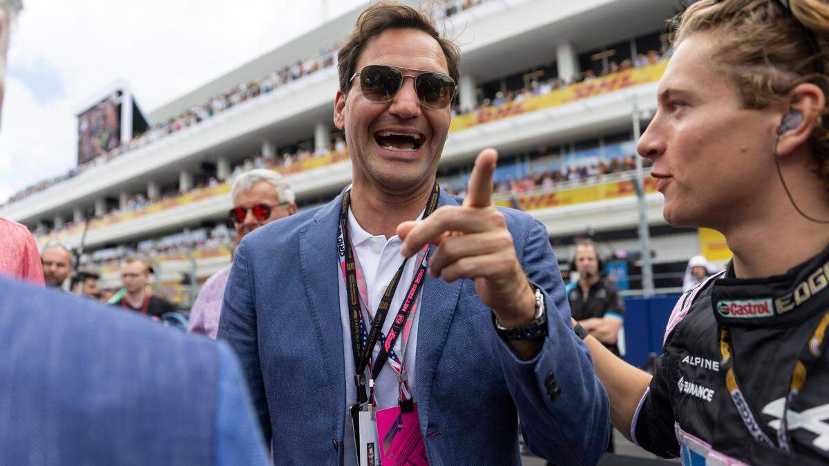 Swiss tennis player Roger Federer is seen at the grid before the start of the Formula One Miami Grand Prix at the Miami International Autodrome on Sunday, May 7, 2023, in Miami Gardens, Fla.