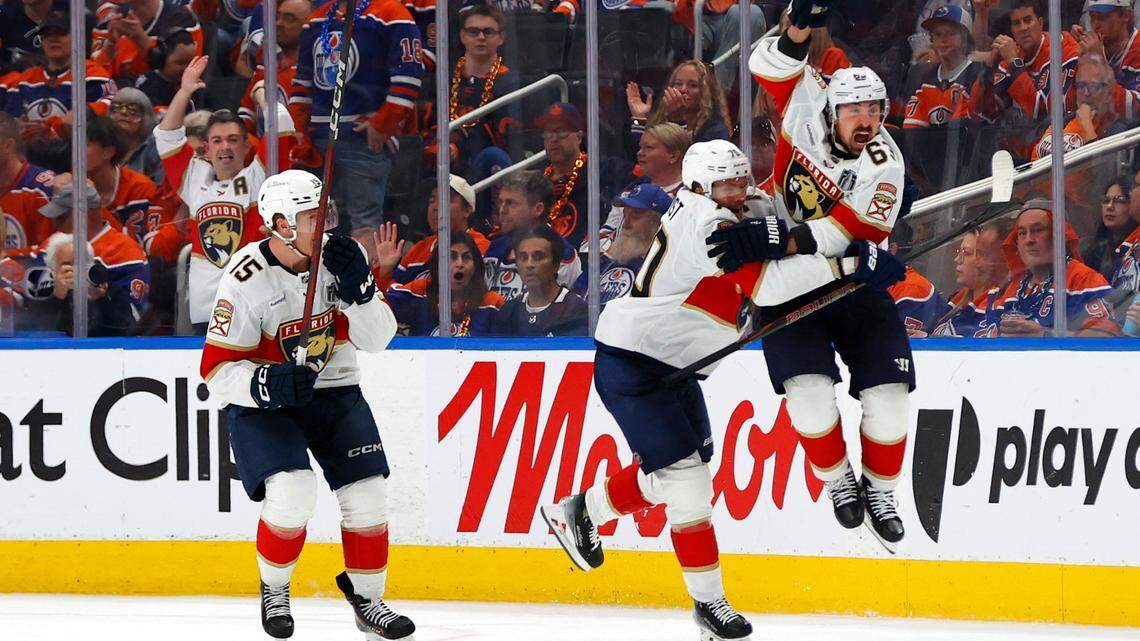 Jun 6, 2025; Edmonton, Alberta, CAN; Florida Panthers center Brad Marchand (63) reacts after making the game winning goal against the Edmonton Oilers during double overtime in game two of the 2025 Stanley Cup Final at Rogers Place. Mandatory Credit: Perry Nelson-Imagn Images