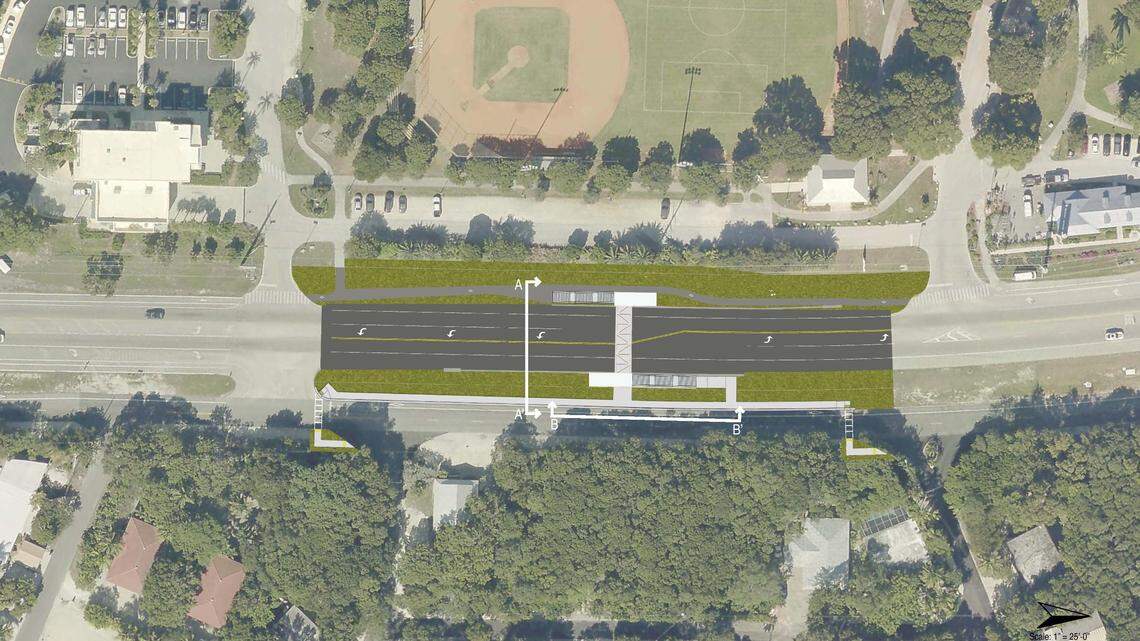 A Florida Department of Transportation conceptual design shows an aerial view of a proposed pedestrian bridge over U.S. 1 in Islamorada leading to Founders Park.