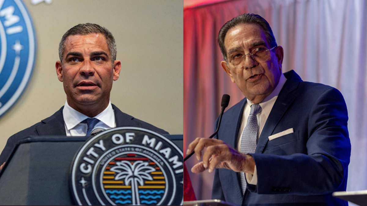 Current Miami Mayor Francis Suarez, left, and former mayor Xavier Suarez, right, who is vying to succeed his son in the city’s Nov. 4, 2025, election.