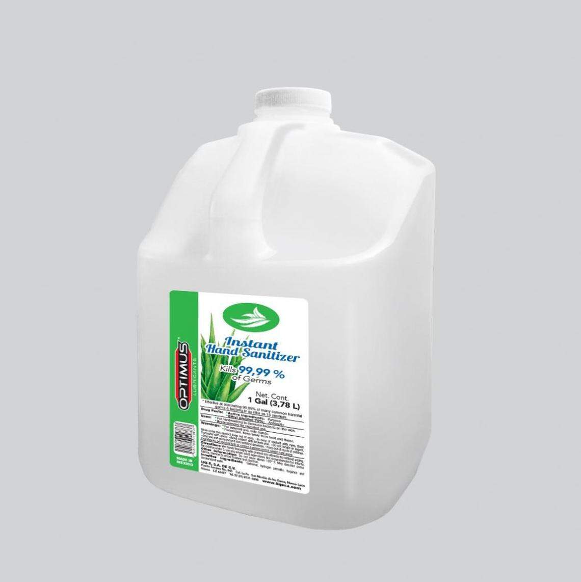 An Optimus hand sanitizer jugs