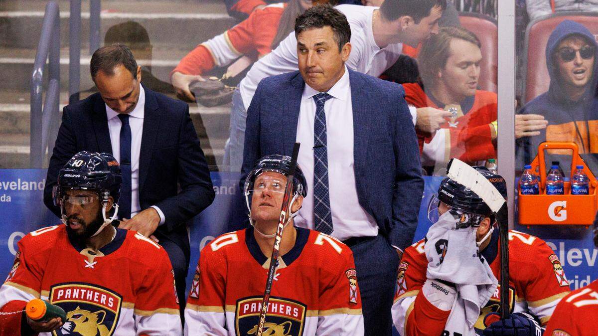 Florida Panthers interim head coach Andrew Brunette looks from the bench during the third period of Game 1 of a first round NHL Stanley Cup series against the Washington Capitals at FLA Live Arena on Tuesday, May 3, 2022 in Sunrise, Fl.