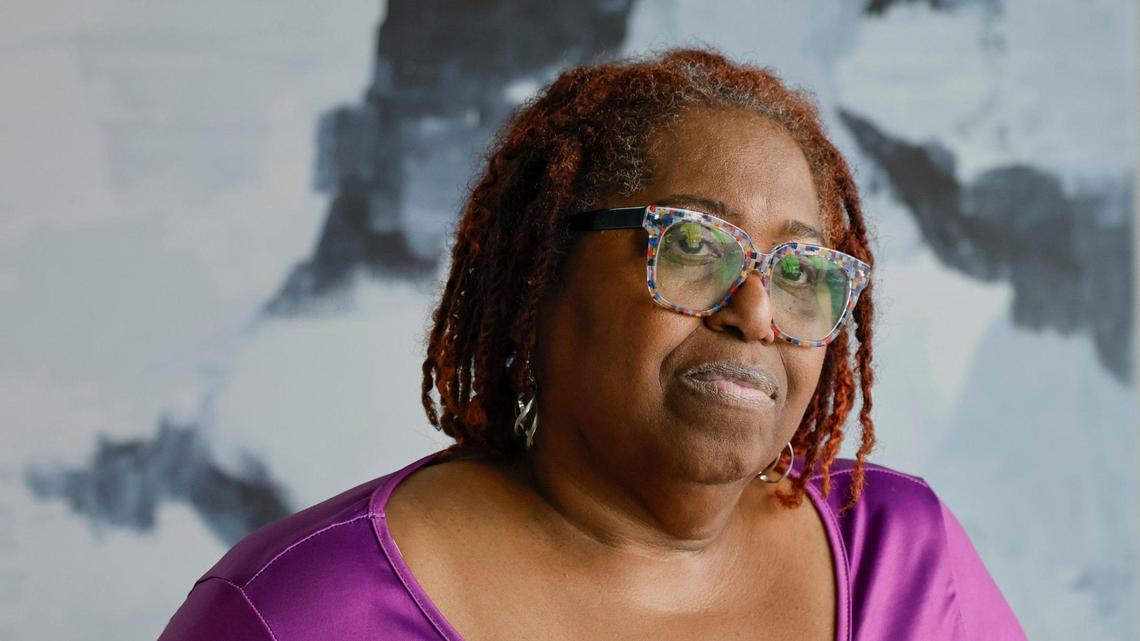 Kim Miller, 68, who was formerly homeless, speaks about federal policy on homelessness from the lobby of her apartment building in Miami on Thursday, June 26, 2025.