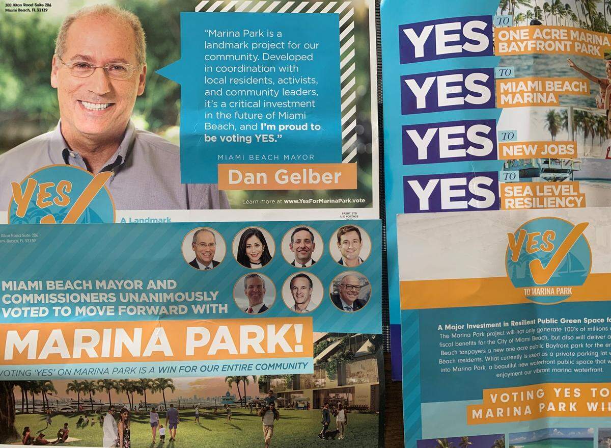 Miami Beach residents have received mailers, including one featuring Mayor Dan Gelber, from a developer-funded campaign that urge voter approval for the redevelopment of the Miami Beach Marina. There are three citywide referendums on the Nov. 3 ballot related to the project, known as Marina Park.