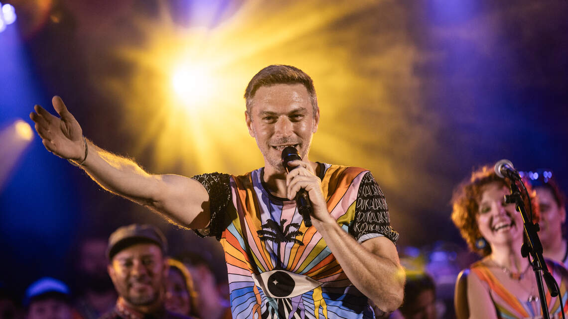 More than 100 performers come together for this Brazilian percussion party