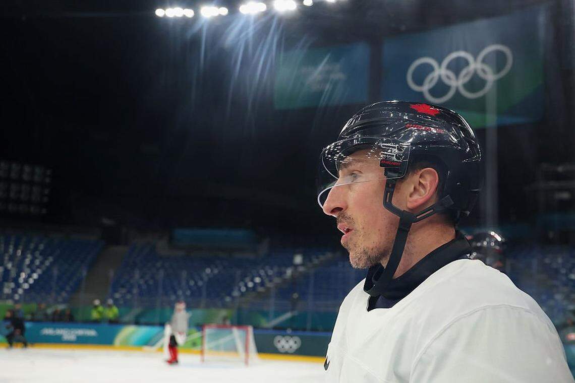 MILAN, ITALY - FEBRUARY 08: Brad Marchand #63 of Team Canada takes part during training on day two of the Milano Cortina 2026 Winter Olympic games at Milano Santagiulia Ice Hockey Arena on February 08, 2026 in Milan, Italy. (Photo by Gregory Shamus/Getty Images)
