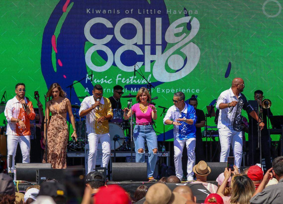 “Oscar’s Latin Band” performs on the Telemudo and NBC6 stage during the Calle Ocho Music Festival on Sunday, March 12, 2023.