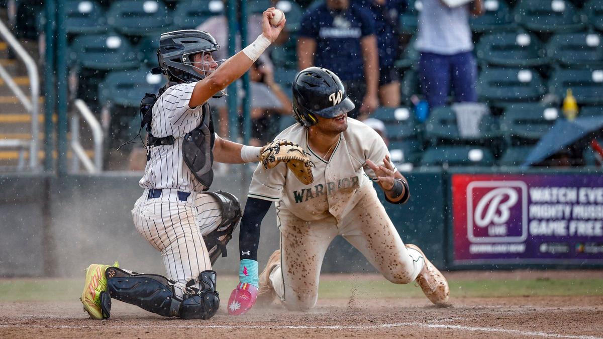 Westminster Christian School Warriors William Alvarez (17) is tagged out by North Broward Prep Eagles catcher Thomas Gramesty III (3) in the seventh inning during the FHSAA Baseball Class 3A State Final at Hammond Stadium in Fort Myers, Florida on Wednesday, May 22, 2024.
