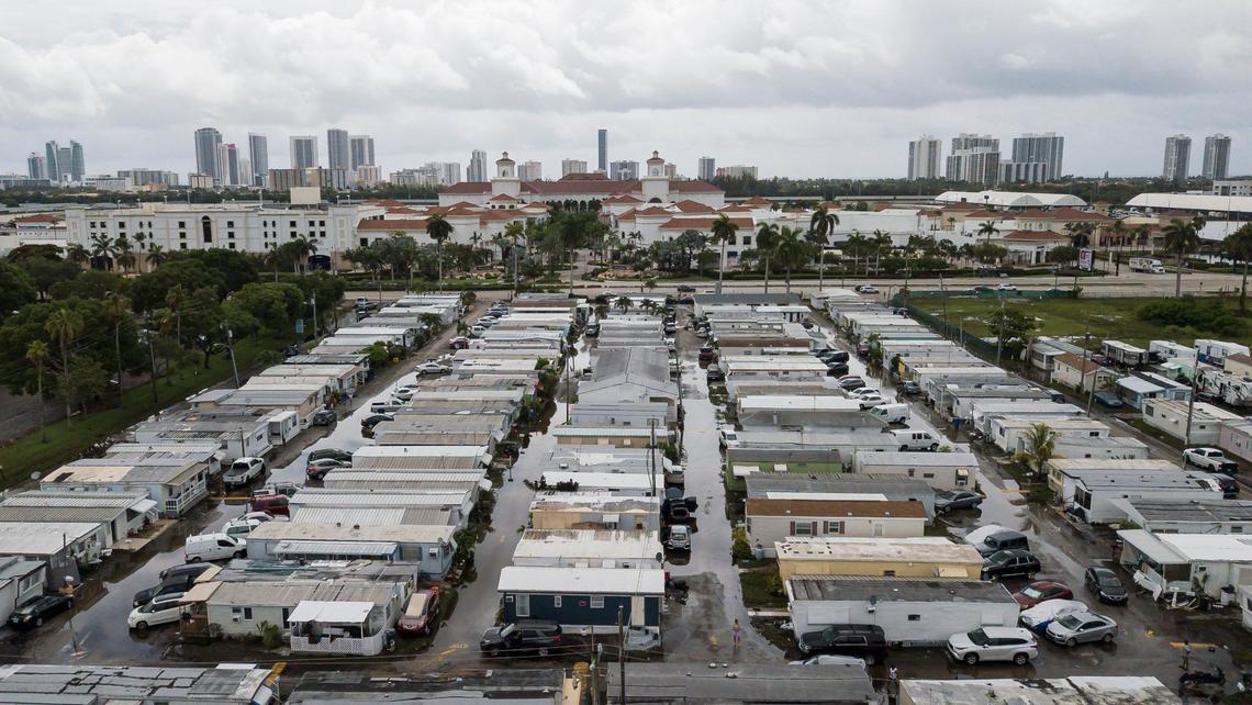 Aerial view of flooded streets at Royal Palm Mobile Home Park on Thursday, June 13, 2024, in Hallandale Beach, Florida. Residents at the mobile home park are dealing with the aftermath of Wednesday’s storm that left their community flooded.