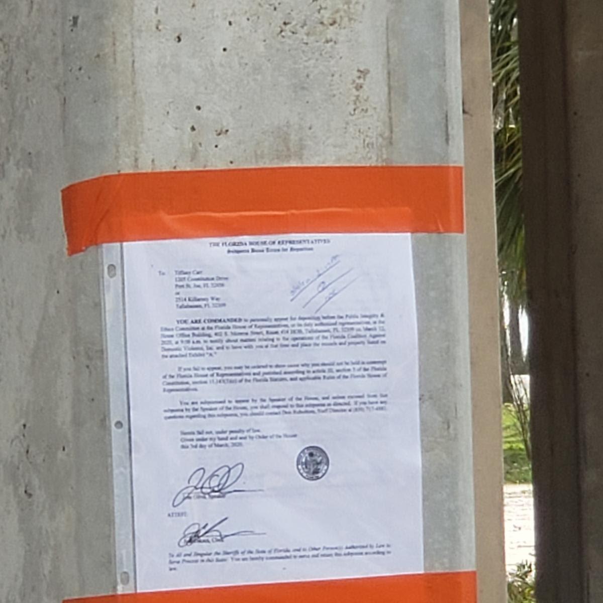 On Tuesday, House Speaker José Oliva, R-Miami Lakes, executed a subpoena for former Florida Coalition Against Domestic Violence CEO Tiffany Carr. The Florida House attempted to serve Carr at her homesteaded property in Port St. Joe, as well as other known addresses in North Carolina and Tallahassee.