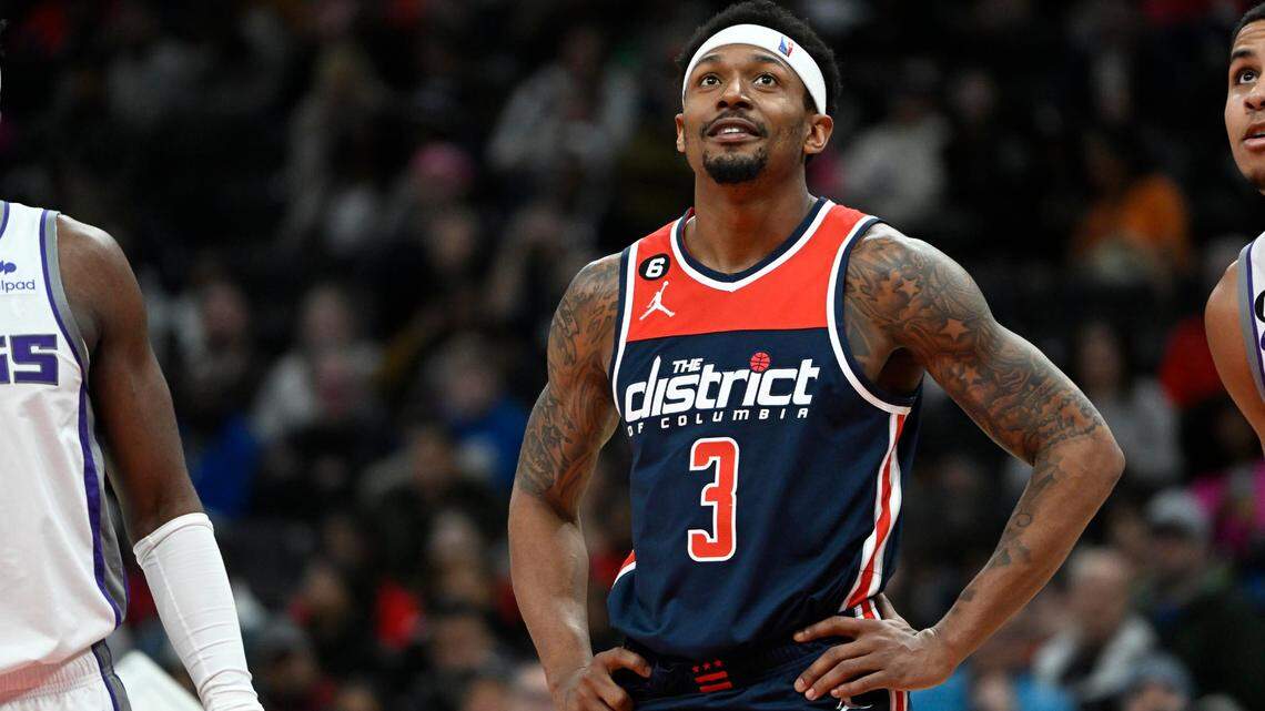 Washington Wizards guard Bradley Beal (3) looks on against the Sacramento Kings during the second half at Capital One Arena.