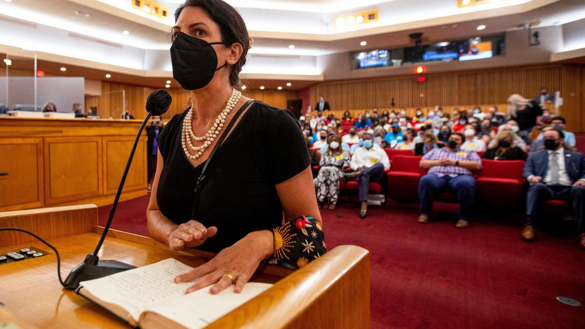 Executive Director & Waterkeeper Rachel Silverstein speaks to commissioners during the second budget hearing held by the Miami-Dade Board of County Commissioners at Stephen P. Clark Government Center in Miami, Florida, on Tuesday, September 28, 2021. Since 2010, Miami Waterkeeper has defended the human right to use and enjoy clean water.