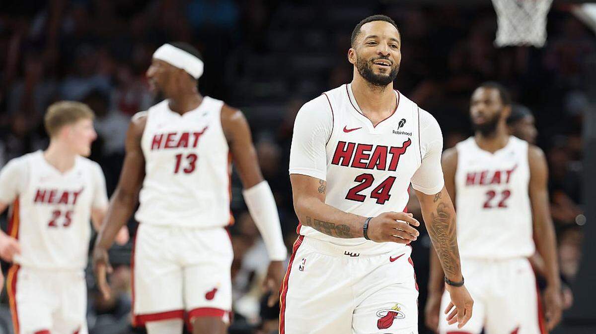 Norman Powell #24 of the Miami Heat reacts to a three-point shot against the Phoenix Suns during the second half of the NBA game at Mortgage Matchup Center on January 25, 2026 in Phoenix.