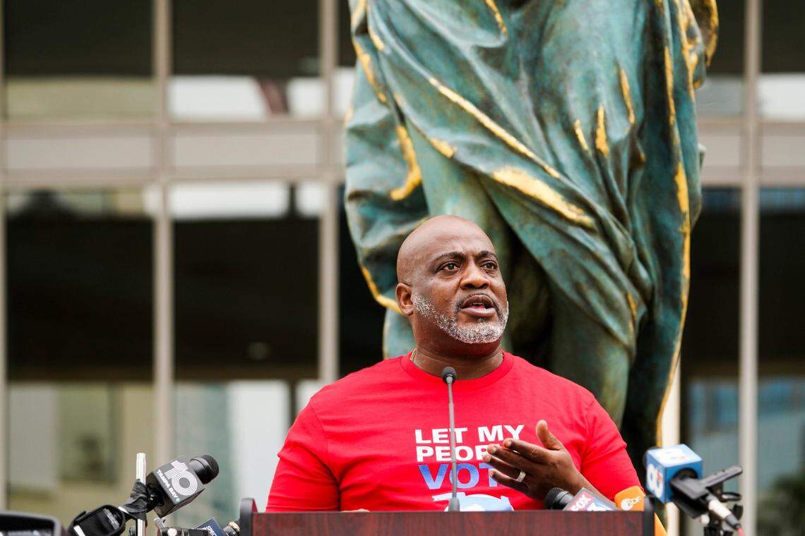 Desmond Meade, executive director of the Florida Rights Restoration Coalition, speaks during a press conference with other leaders to discuss how the fines and fees program will help returning citizens and the surrounding community, in front of the Hillsborough County Courthouse on Monday, Oct. 5, 2020, in Tampa.