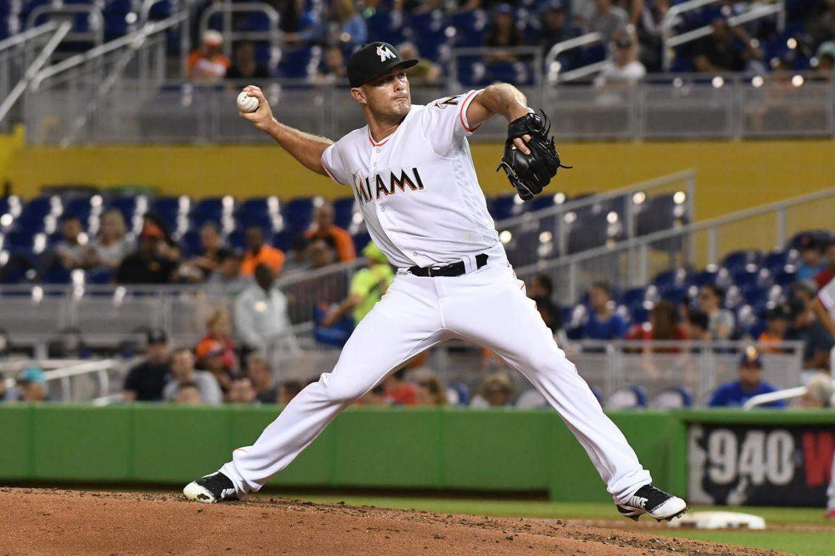 Tyler Kinley #39 of the Miami Marlins throws a pitch during the third inning against the Philadelphia Phillies at Marlins Park on September 4, 2018 in Miami, Florida.