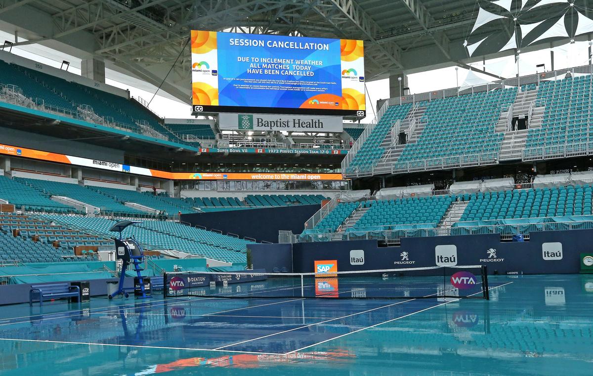 A view of the rain falling over the stadium during second day of the Miami Open tennis tournament on Tuesday, March 19, 2019 at Hard Rock Stadium in Miami Gardens. Tuesdayâ€™s matches (Session 2) at the Miami Open have been cancelled due to inclement weather.