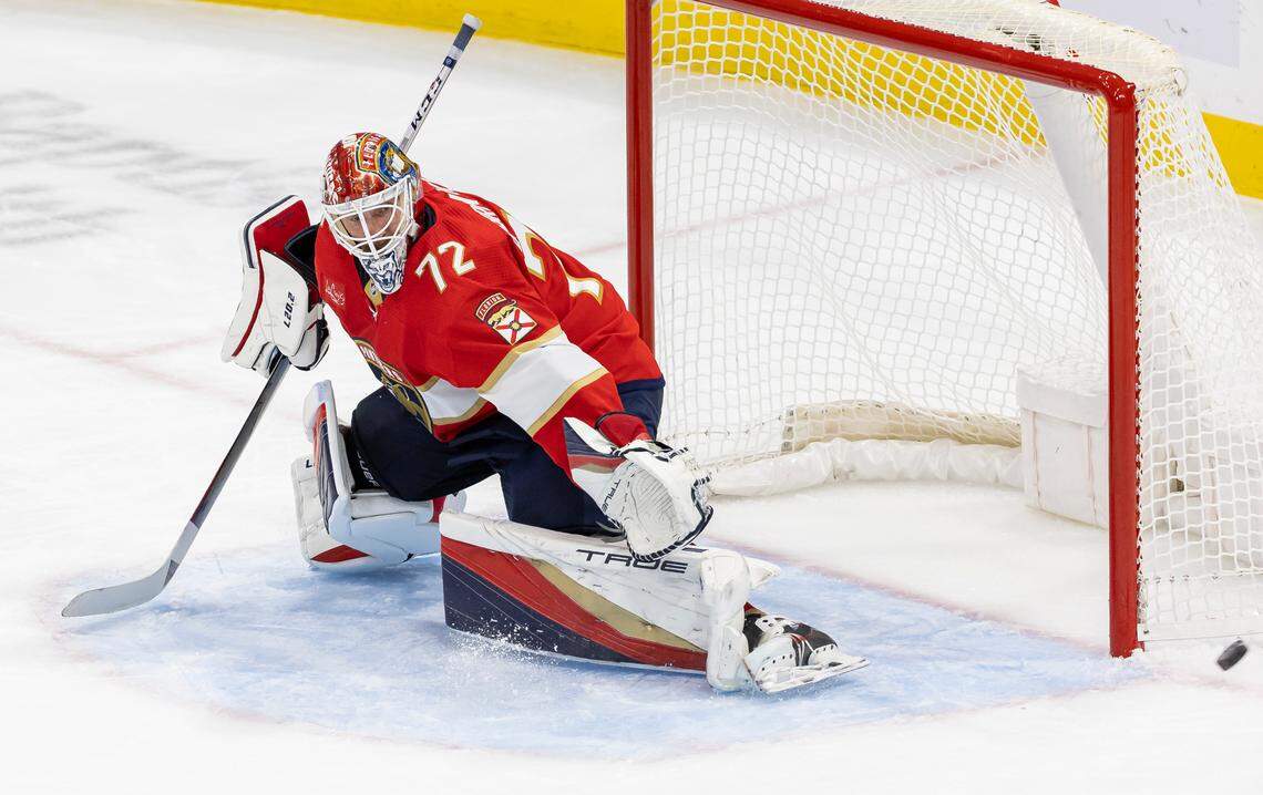 Florida Panthers goaltender Sergei Bobrovsky (72) blocks a shot against Toronto Maple Leafs in the third period of their NHL game at the Amerant Bank Arena on Thursday, Oct. 19, 2023, in Sunrise, Fla.