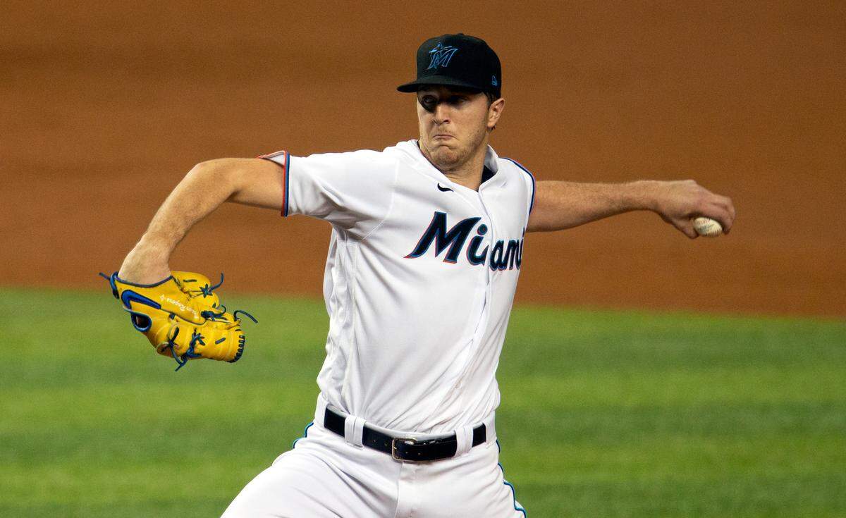 Miami Marlins pitcher Trevor Rogers (95) pitches against the Red Sox during the second inning of a baseball game at Marlins Park in Miami on Wednesday, September 16, 2020.