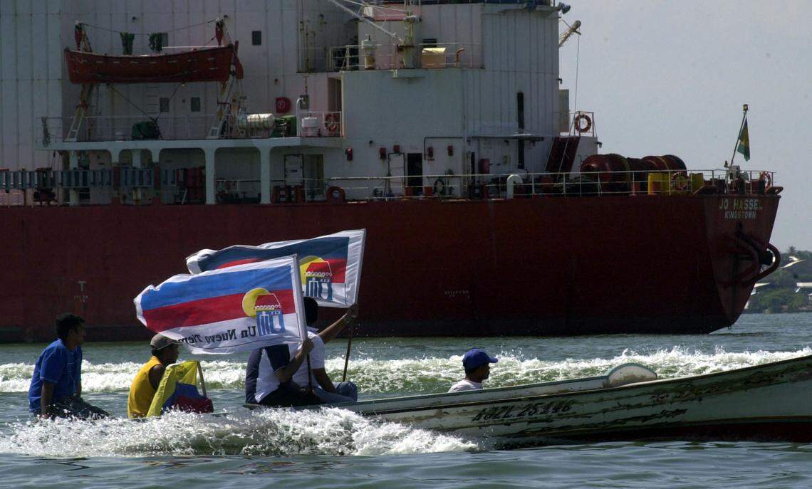 Shrimp fisherman showing their support for the oil tankers participation in a national civic strike in Venezuela in December 2002.