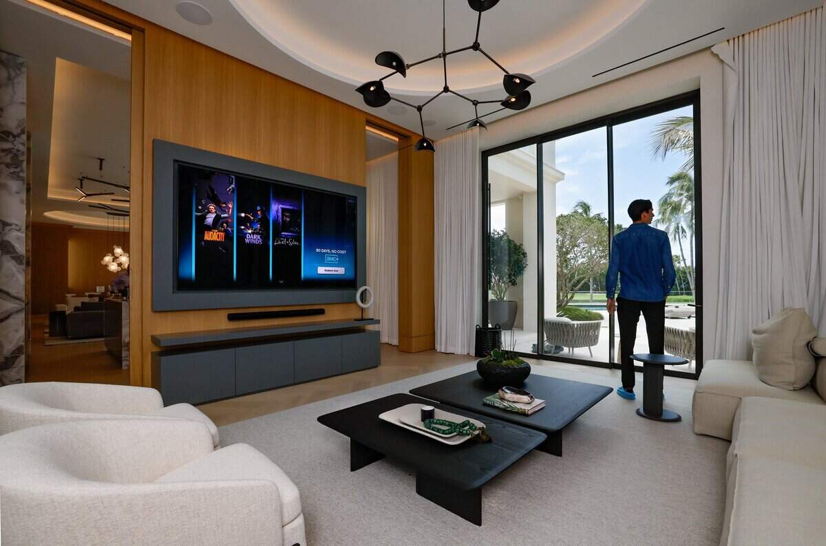 One of two entertainment rooms inside The Mansions, an exclusive 2.5-acre enclave of newly built, freestanding mansions on Fisher Island on Miami Beach, Florida, on Wednesday, June 10, 2026.