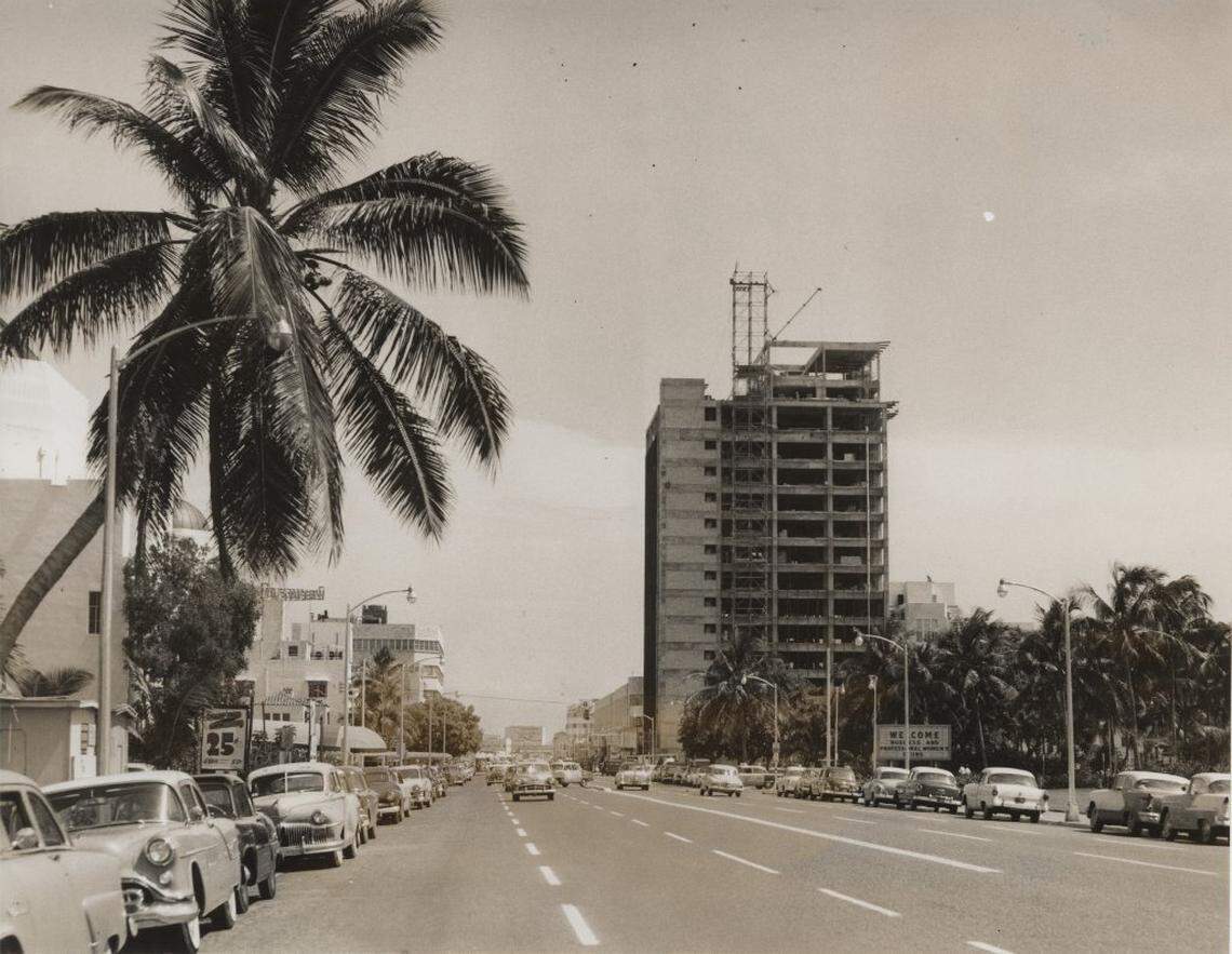 A landmark bank building under construction on Lincoln Road in the mid-1950s.
