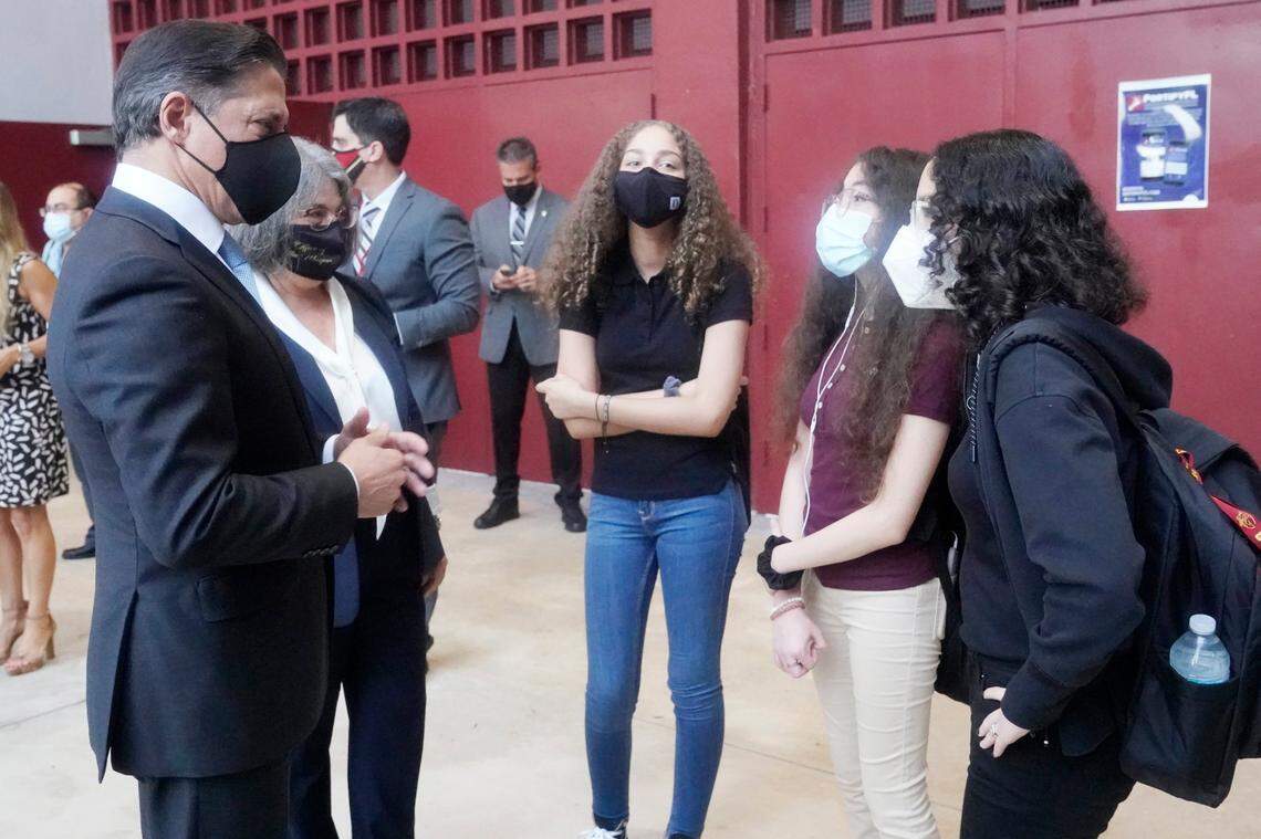 Miami Dade Schools Superintendent Alberto Carvalho and Miami-Dade Mayor Daniella Levine Cava, talk to students on the first day of school at Barbara Goleman Senior High School, Monday, Aug. 23, 2021, in Miami Lakes.